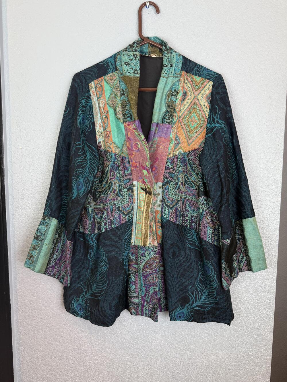 Soft Surroundings Jacket Womens Medium Multicolor Boho Patchwork Wool Silk India